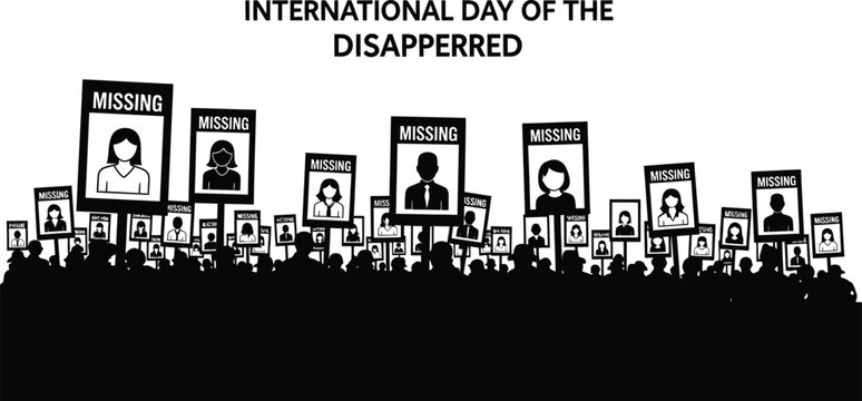 Vector art of silhouette of a crowd holding posters of missing people for international day of the disappeared, a day to raise awareness and remember victims of enforced disappearances - Powered by Adobe