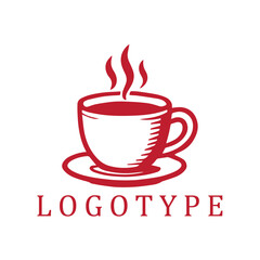 Minimalist red-and-white coffee logo featuring a bold, steaming cup atop vintage-style typography.