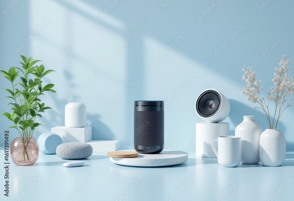 Poster modern home audio display with various items.