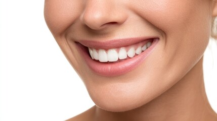 Obraz premium Close-up of cheerful woman showing radiant smile, healthy skin tone, natural lighting, isolated on seamless white background, ideal for dental or wellness advertising