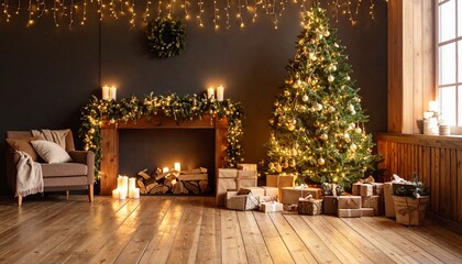 Beautiful Festive Scene Featuring Christmas Ornaments and Glowing Lights in a Cozy Winter Setting with Space for Seasonal Messages
