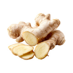 Freshly cut ginger root with slices showing yellow flesh and fibrous texture isolated on transparent background