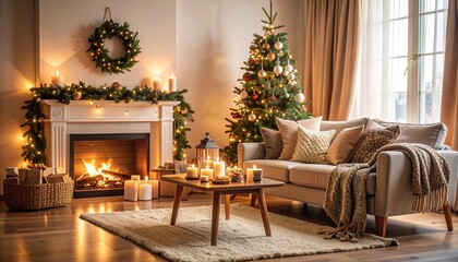 Beautiful Festive Scene Featuring Christmas Ornaments and Glowing Lights in a Cozy Winter Setting with Space for Seasonal Messages
