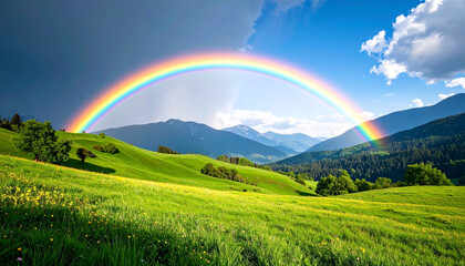 Naklejka premium rainbow over green field