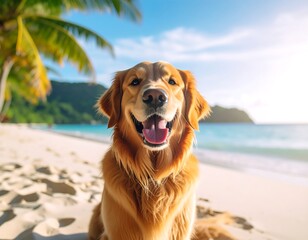Happy golden retriever on a tropical beach at sunset