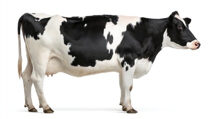 Side view of healthy black and white cow with full body visible, standing still on white background, clean details of fur texture and tail, ideal for agricultural content