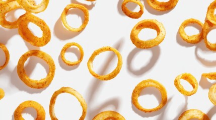 Top-down view of falling onion ring slices scattered across a white background, light bounce shadow, minimal composition, ideal for recipe or culinary content
