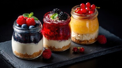 Three assorted no-bake cheesecakes in jars topped with fresh berries and fruit compote, served on a dark slate tray.