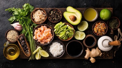 Assorted culinary ingredients arranged on a wooden board.