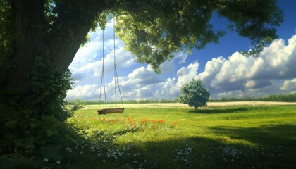 Facing a midlife crisis finding freedom in nature's open fields with a swing