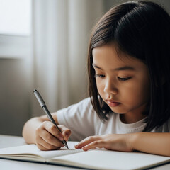 Young girl focused on writing in a notebook with a pen