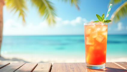 a glass with a fruit drink with ice on the background of a tropical beach