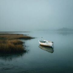 Obraz premium Small white boat floating in misty bay