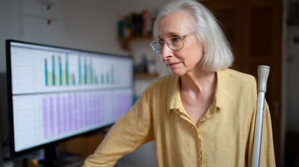 Elderly woman with gray hair and glasses using walking cane, working at home office with computer charts