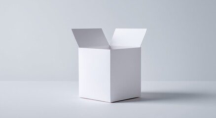 Open white square box on plain surface