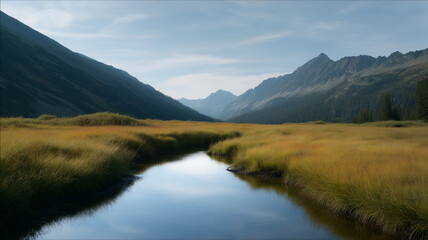 Mountain valley with wild grasses, calm water reflection, serene landscape, blue sky, peaceful nature scene