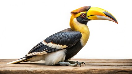 Obraz premium A vibrant yellow-billed hornbill and toucan with a colorful beak and feathers, isolated on white