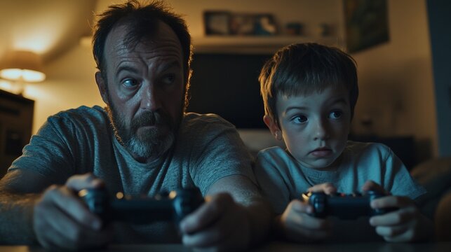 Father and son engaging in video games in their living room together