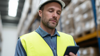 Warehouse manager wearing safety vest and helmet using smartphone for inventory management in storage facility