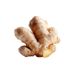 A whole fresh ginger root with a cut section showing its pale yellow flesh isolated on transparent background