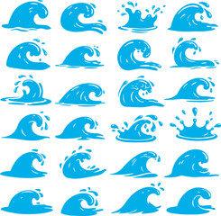 Collection of blue ocean waves and water splashes, isolated on white background, representing natures power and movement.