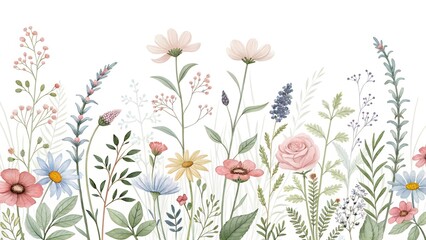 wildflowers floral watercolor seamless border