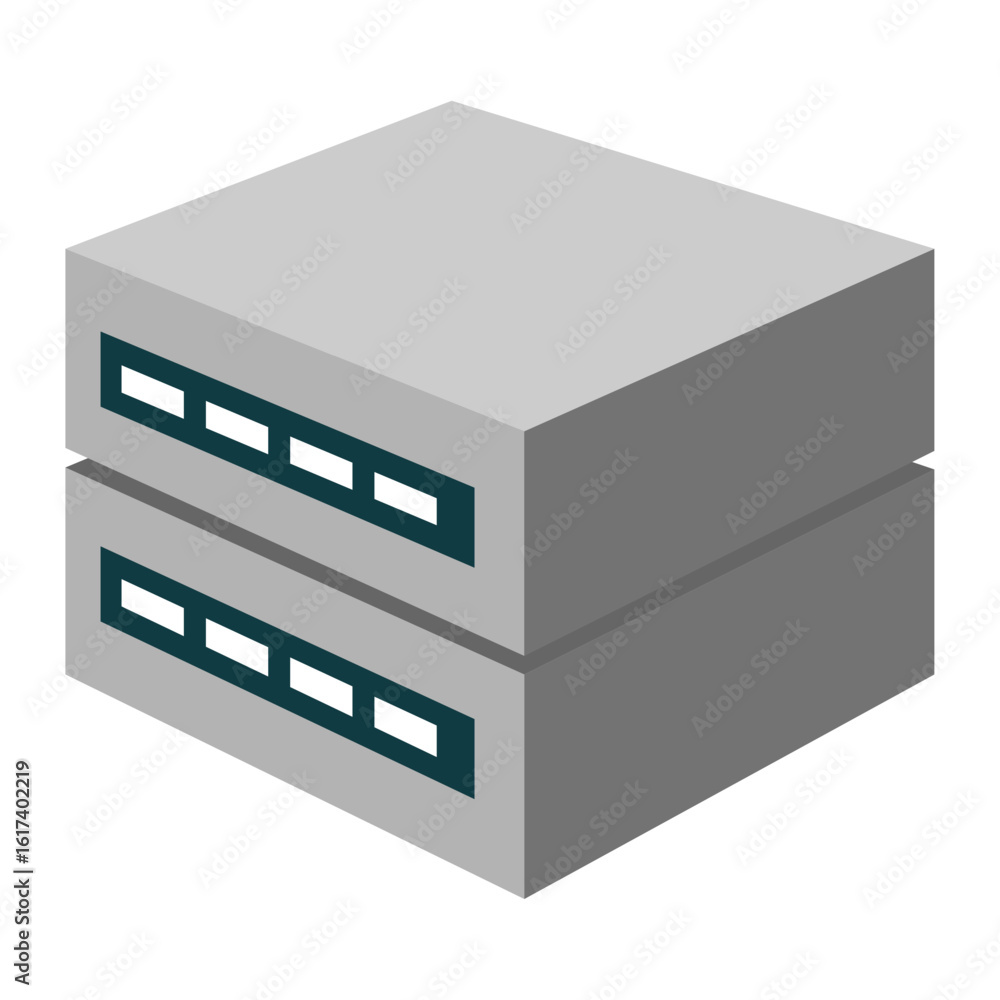 Poster conceptual isometric illustration of a database server hardware stack, representing data storage and