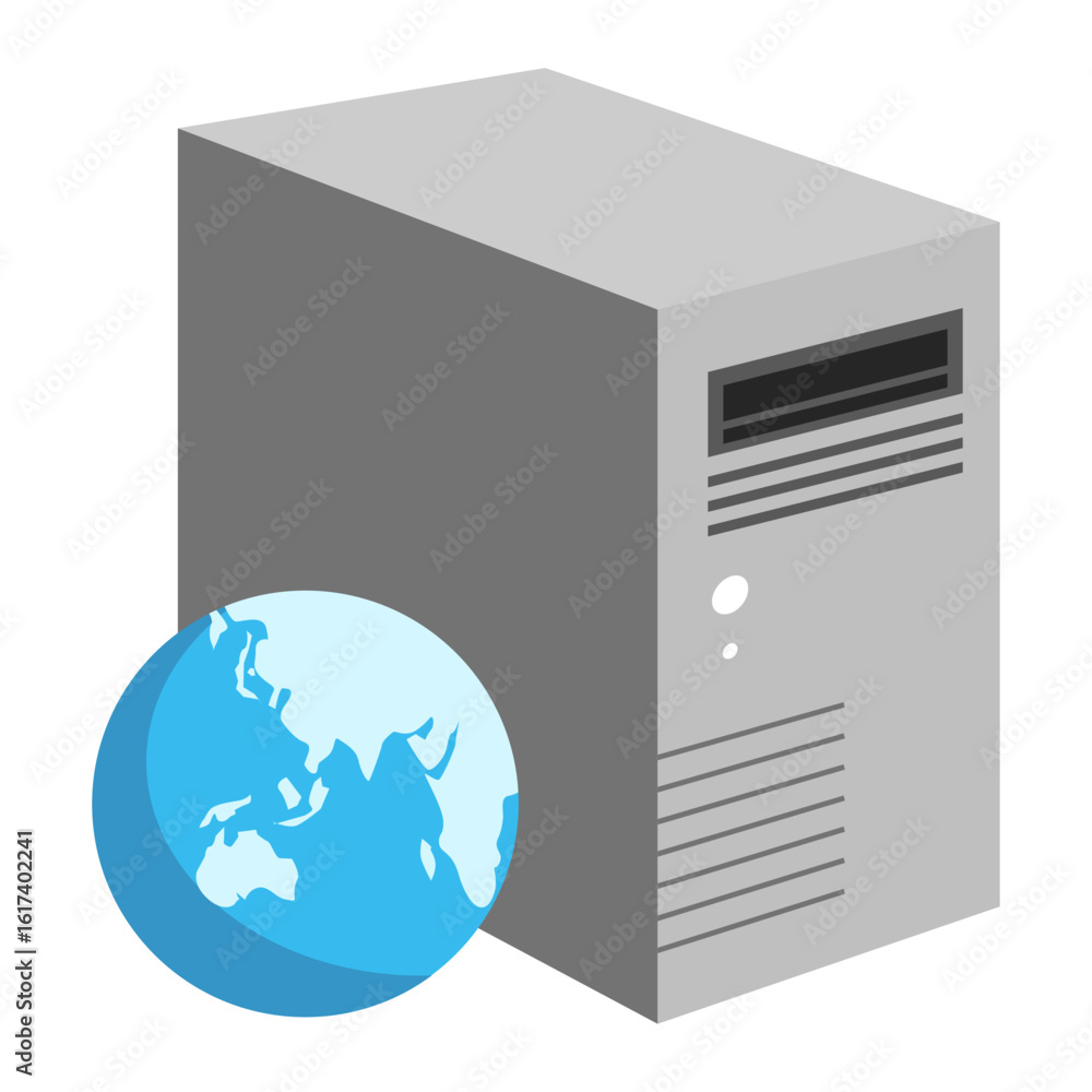 Poster isometric illustration of a global computer server for web hosting, showcasing worldwide internet co