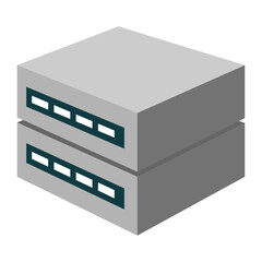 Conceptual isometric illustration of a database server hardware stack, representing data storage and networking technology.