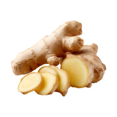 Freshly sliced ginger root with a whole ginger rhizome showcasing its fibrous texture and vibrant yellow flesh isolated on transparent background