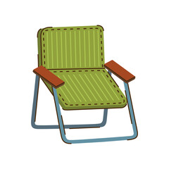 Folding chair vector illustration. Gear for camping, hiking, home interior. Portable striped fabric armchair, outdoor furniture. Comfortable seat with metal base. Hand drawn clipart, cartoon doodle