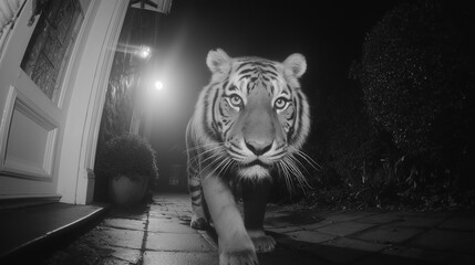 Stealthy Encounter Close-Up Infrared Capture of Tiger Approaching a House at Night