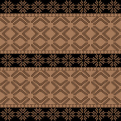 Brown Tone Traditional Embroidery Art Abstract with Pixel Art Designs for Textile Print