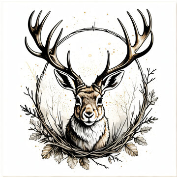  Majestic Jackalope Portrait in a Twig Wreath