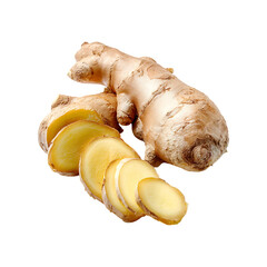 Freshly sliced ginger root with its characteristic textured skin and vibrant yellow interior isolated on transparent background