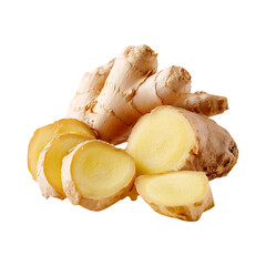 Freshly sliced and whole raw ginger root with a light brown textured skin and vibrant yellow interior isolated on transparent background