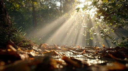 Sunlight filtering through trees, casting rays over a forest floor covered with fallen leaves.