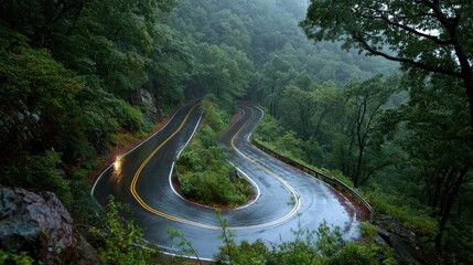Winding Road Through Lush Forest with Foggy Atmosphere