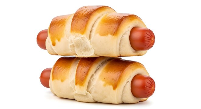 Stacked golden brown pigs in a blanket on a white background