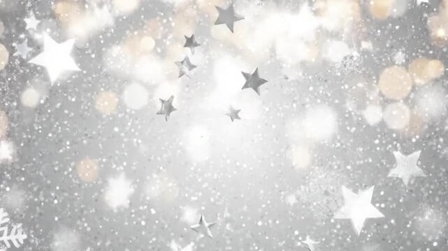 Seamless loop animation featuring sparkling silver stars gently twinkling and drifting over a soft, shimmering silver background. The scene glows with festive elegance, enhanced by subtle bokeh