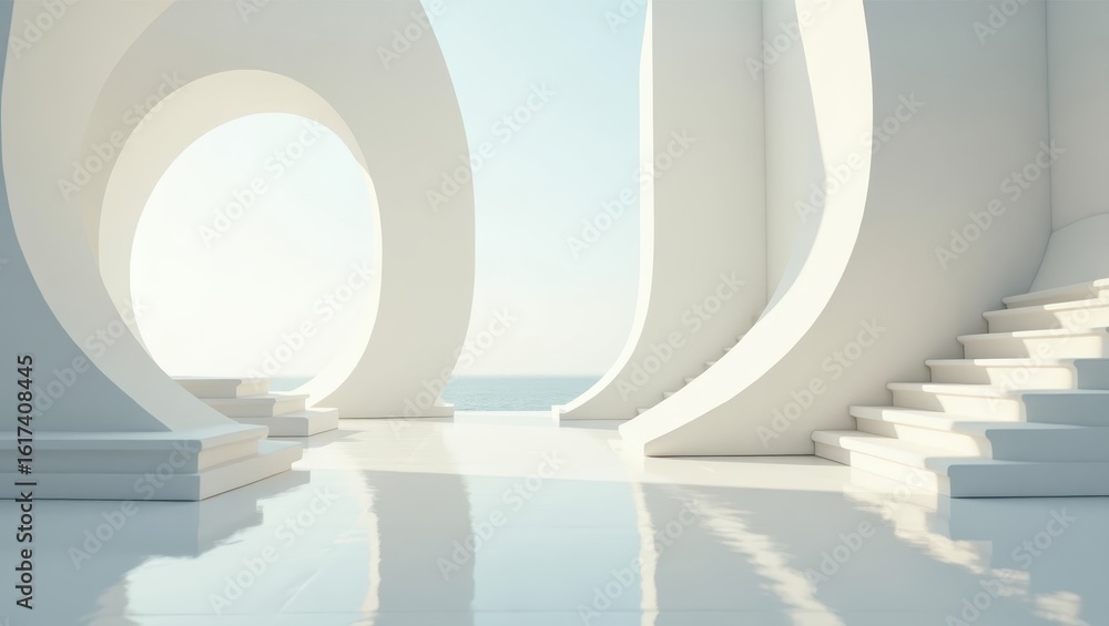 Poster minimalist architectural structure with ocean view.