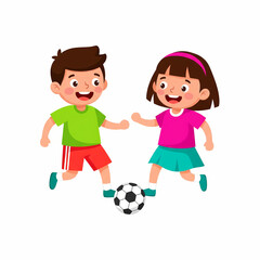 Happy cartoon boy and girl playing soccer together, fun kids activity, smiling children with football isolated on white background, vector art