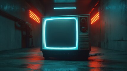 Retro television with glowing blue screen in a neon-lit corridor