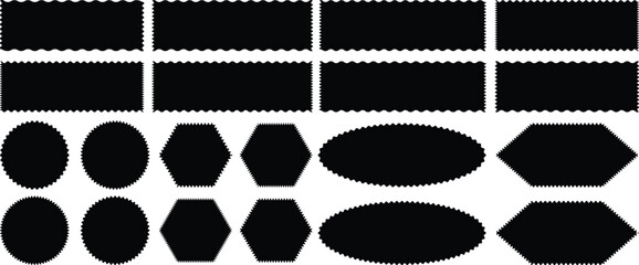 Geometric shapes with scallop and zigzag edges set. Silhouette stickers circle, square, oval and rectangle labels.