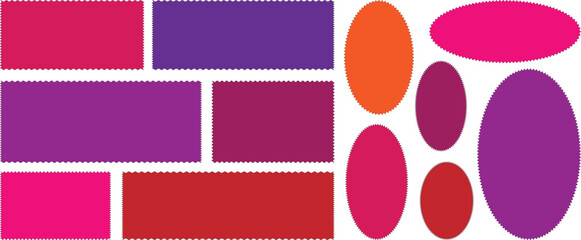 Zigzag edges set. Torn paper, Colorful jagged rectangular shape box element set with zigzag edges. Silhouette stickers circle, square, oval and rectangle labels.