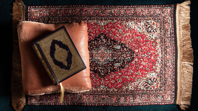 Quran resting on a prayer mat with decorative patterns.