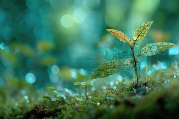 A young sprout emerges from the moss, digital circuit overlay