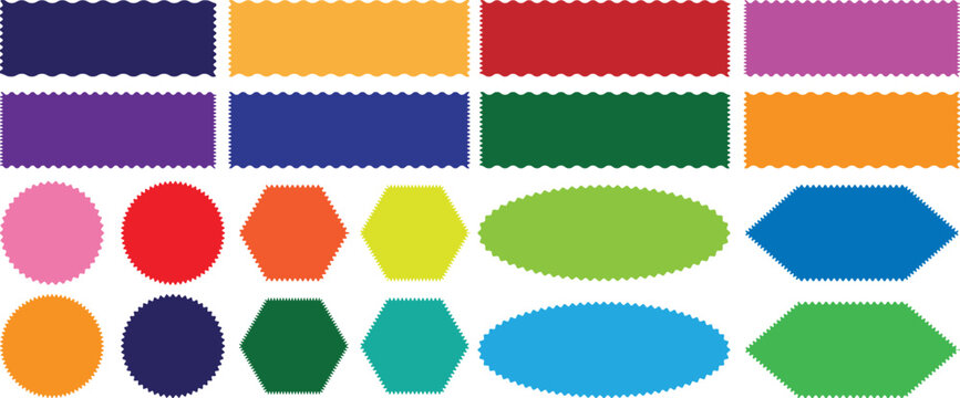 Zig zag edge rectangle shape, colorful collection. Different shapes and sizes frame with zigzag edge. Rectangular jagged curved box element. Geometric zig zag wavy labels, isolated on white background