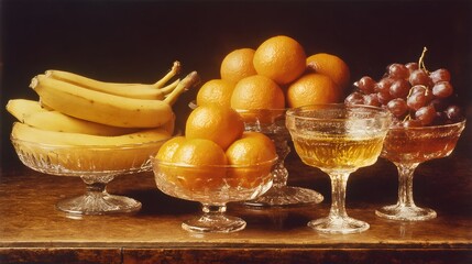 Still life arrangement of fruit in decorative bowls and glasses.