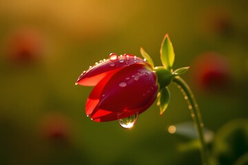 Macro shot of a red flower bud with water droplets in golden hour light